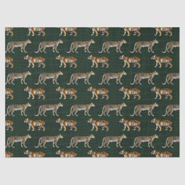 Tigers and Leopards on Green Decoupage Tissue Paper (Front)