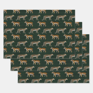 Tigers and Leopards on Green Wrapping Paper Sheets