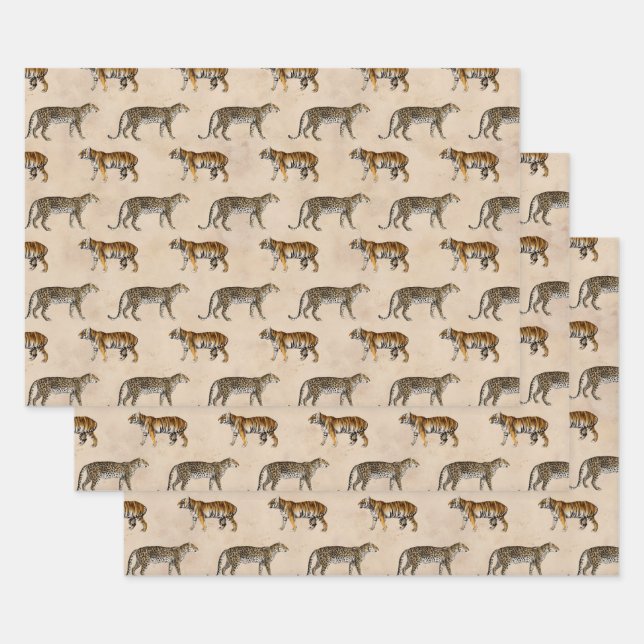Tigers and Leopards on Tan Wrapping Paper Sheets (Set)