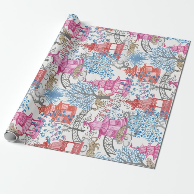 Tigers and Pagoda Forest in Spicy Wrapping Paper (Unrolled)