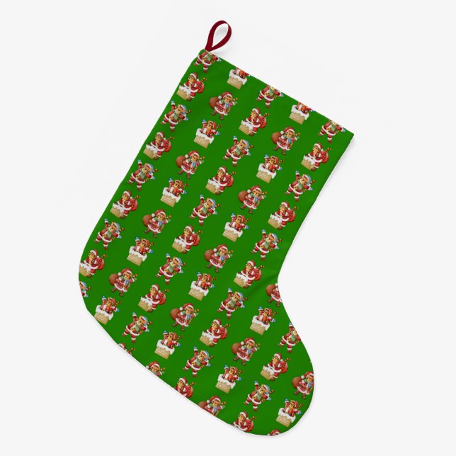 Tigers as Santa Christmas repeating pattern design Large Christmas Stocking (Front (Hanging))