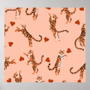 Tigers Autumn Leaves: Vintage Jumping Pattern Poster
