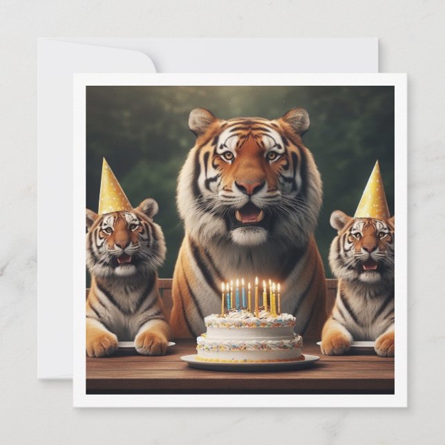 Tigers celebrating, tiger picture birthday invitation (Front)