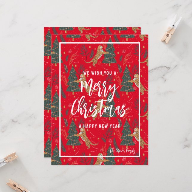 Tigers, Christmas Trees, Merry Christmas Greeting  Invitation (Front/Back In Situ)