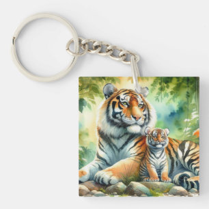 Tigers in a Lush Jungle Paradise Painting Keychain