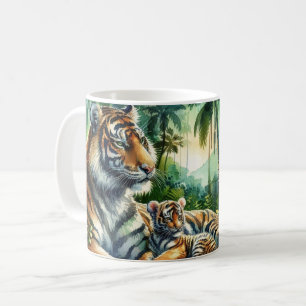Tigers in a Lush Jungle Watercolor Painting Coffee Mug