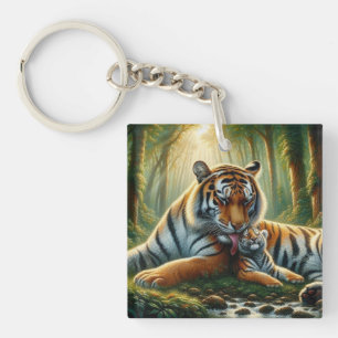 Tigers in a Lush Jungle Watercolor Painting Keychain