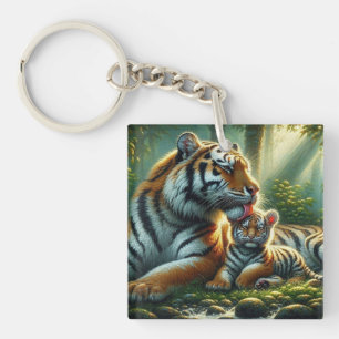 Tigers in Sunlit Forest Painting Keychain
