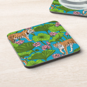 Tigers in the pink lotus pond beverage coaster