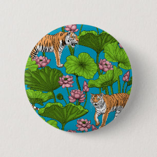 Tigers in the pink lotus pond button