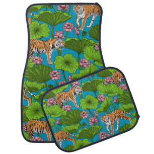 Tigers in the pink lotus pond car floor mat