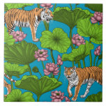 Tigers in the pink lotus pond ceramic tile<br><div class="desc">Hand -drawn vector tigers and lotus flowers and leaves pattern</div>