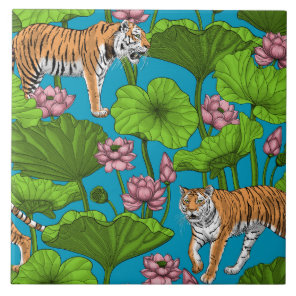 Tigers in the pink lotus pond ceramic tile