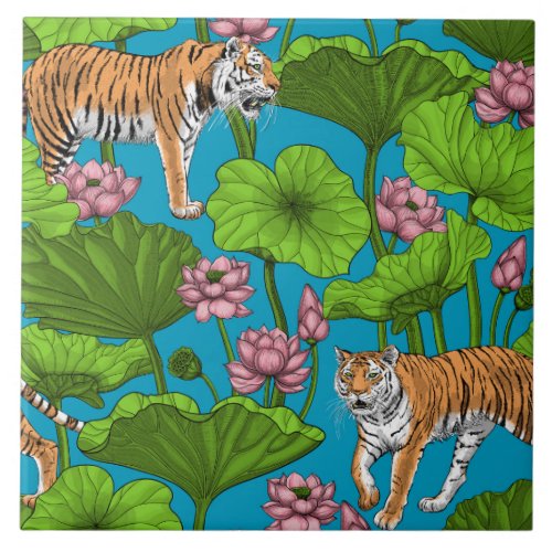 Tigers in the pink lotus pond ceramic tile