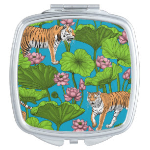 Tigers in the pink lotus pond compact mirror