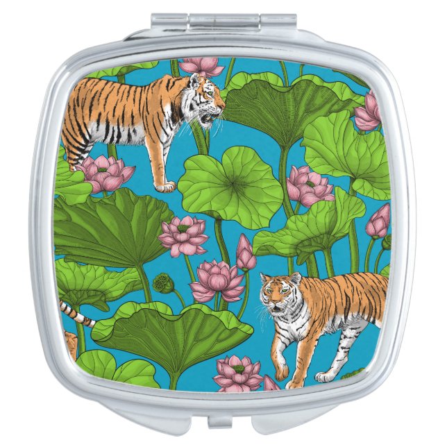Tigers in the pink lotus pond compact mirror (Front)