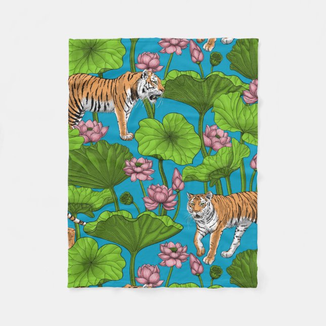 Tigers in the pink lotus pond fleece blanket (Front)