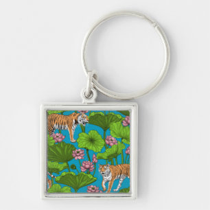 Tigers in the pink lotus pond keychain