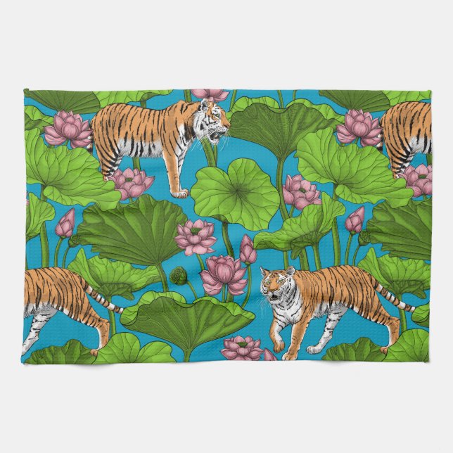 Tigers in the pink lotus pond kitchen towel (Horizontal)