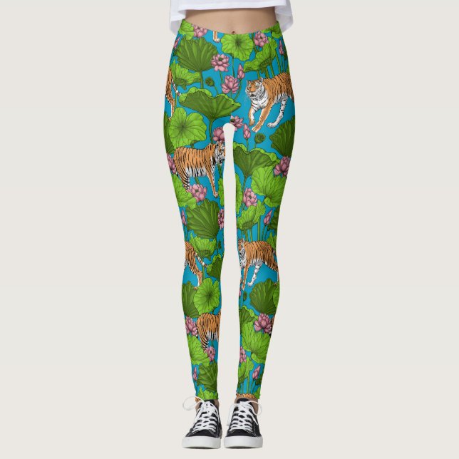 Tigers in the pink lotus pond leggings (Front)