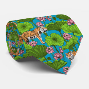 Tigers in the pink lotus pond neck tie