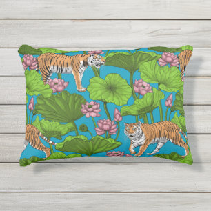 Tigers in the pink lotus pond outdoor pillow