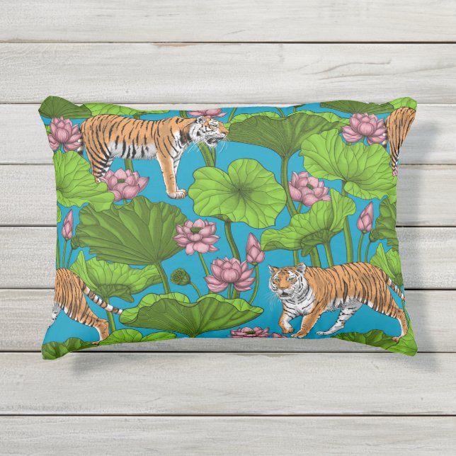 Tigers in the pink lotus pond outdoor pillow (Front)