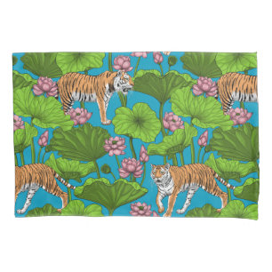 Tigers in the pink lotus pond pillow case