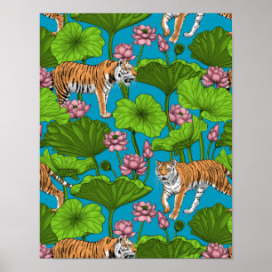 Tigers in the pink lotus pond poster