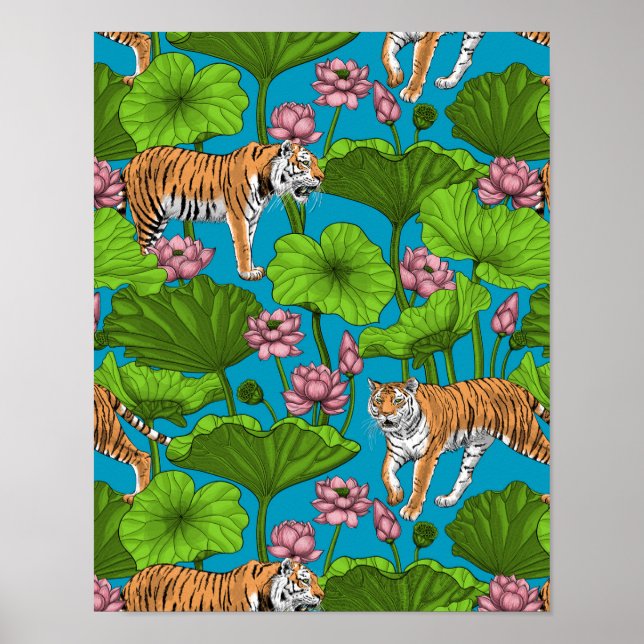Tigers in the pink lotus pond poster (Front)