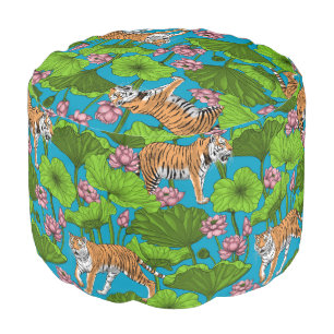 Tigers in the pink lotus pond pouf