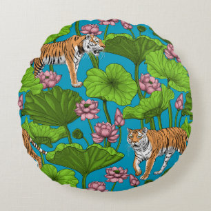 Tigers in the pink lotus pond round pillow