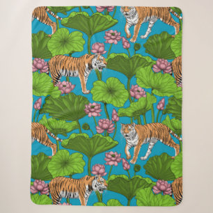 Tigers in the pink lotus pond sherpa blanket