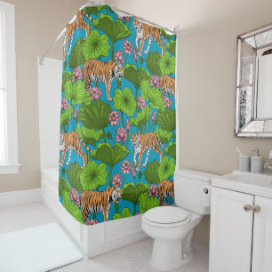 Tigers in the pink lotus pond shower curtain