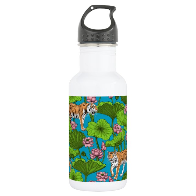 Tigers in the pink lotus pond stainless steel water bottle (Front)
