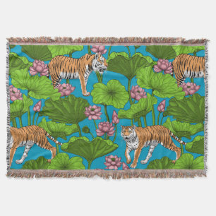 Tigers in the pink lotus pond throw blanket