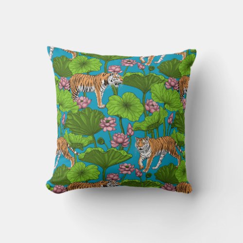Tigers in the pink lotus pond throw pillow