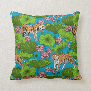Tigers in the pink lotus pond throw pillow
