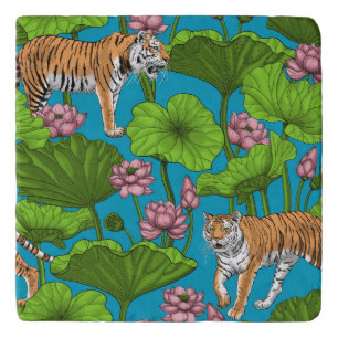 Tigers in the pink lotus pond trivet