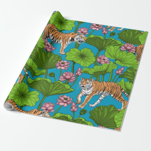 Tigers in the pink lotus pond wrapping paper