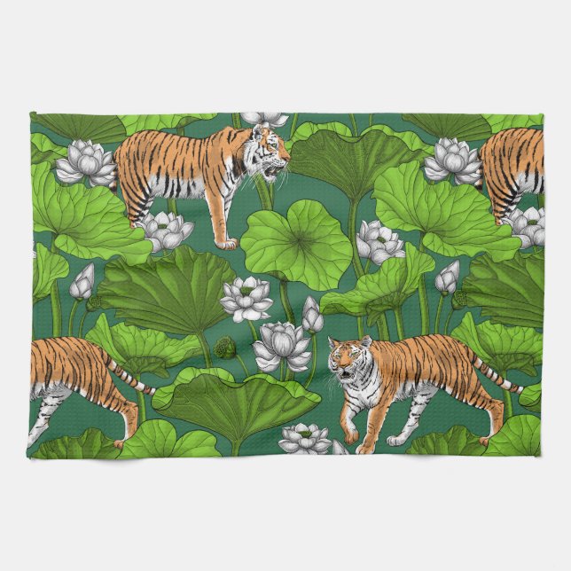 Tigers in the white lotus pond kitchen towel (Horizontal)