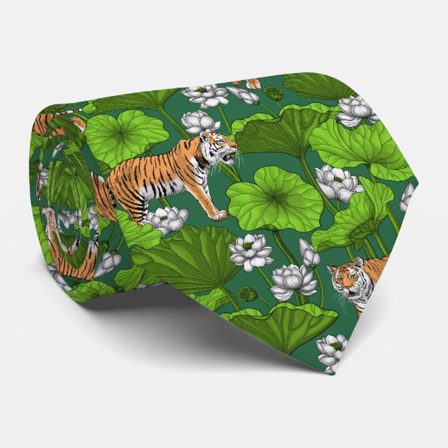 Tigers in the white lotus pond neck tie (Rolled)