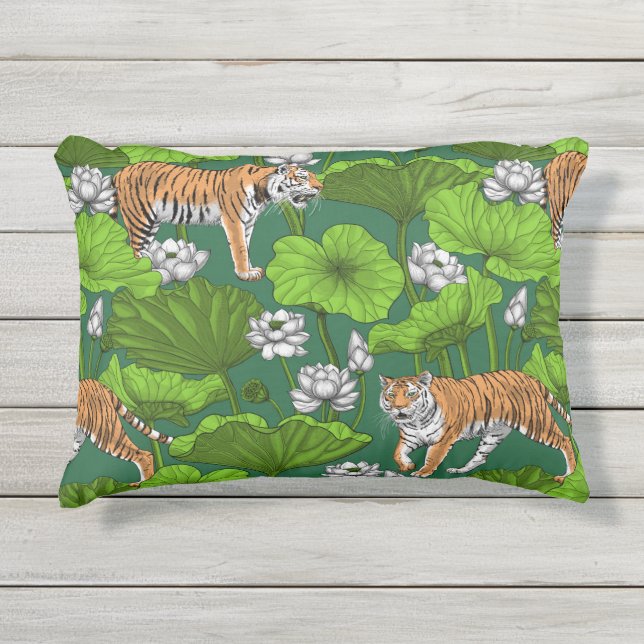 Tigers in the white lotus pond outdoor pillow (Front)