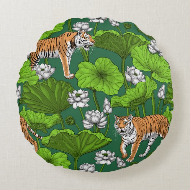 Tigers in the white lotus pond round pillow (Front)