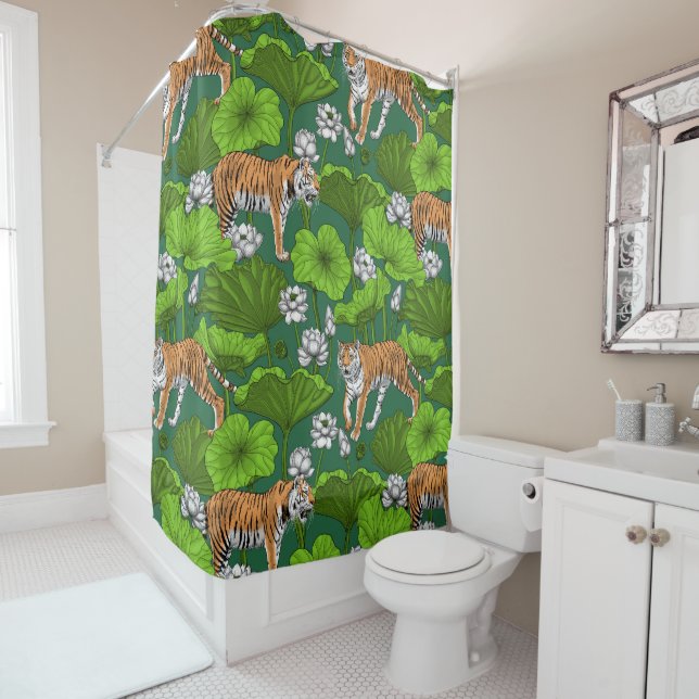 Tigers in the white lotus pond shower curtain (In Situ)
