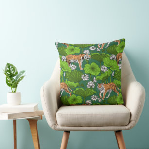 Tigers in the white lotus pond throw pillow