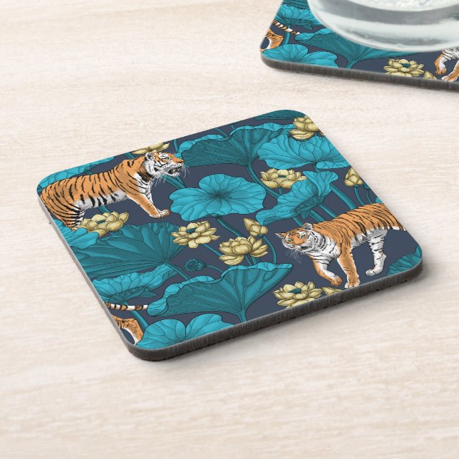 Tigers in the yellow lotus pond beverage coaster (Left Side)