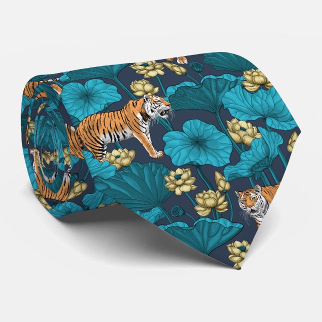 Tigers in the yellow lotus pond neck tie (Rolled)