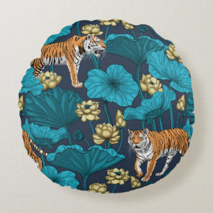 Tigers in the yellow lotus pond round pillow