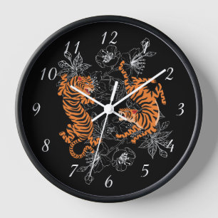 Tigers Japanese Art Style Black Background Clock